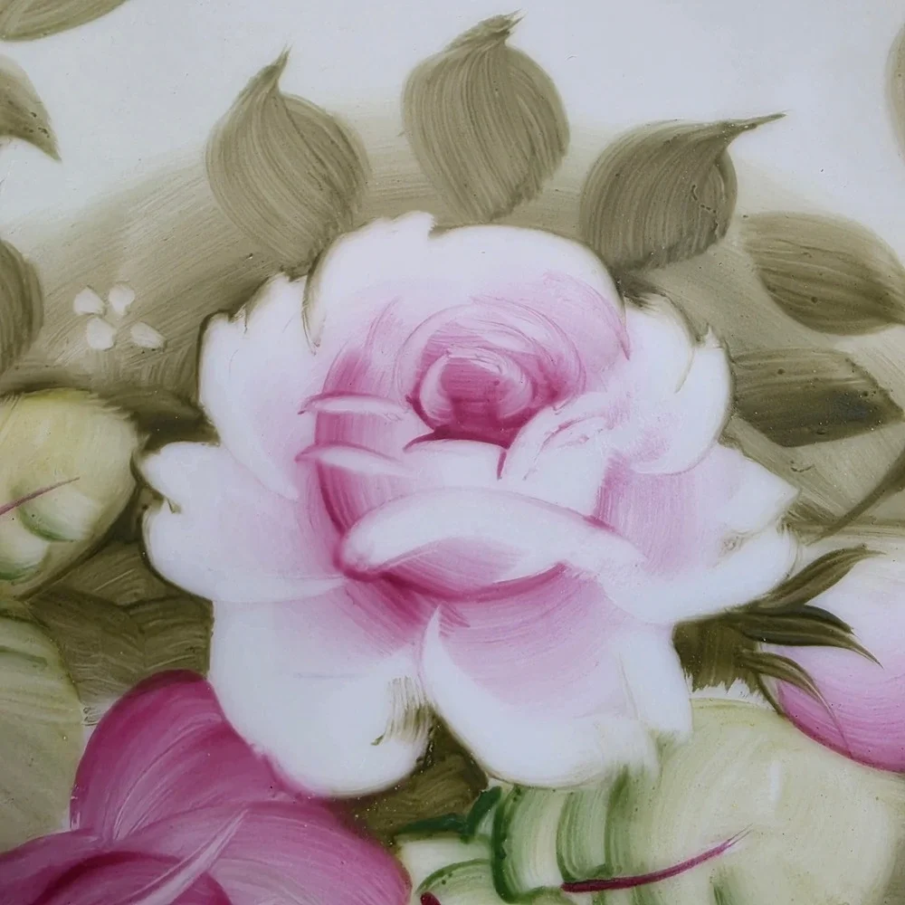 Antique Lefton Hand Painted Pink Rose Porcelain Cake Plate Gold Gilt Scallop Rim